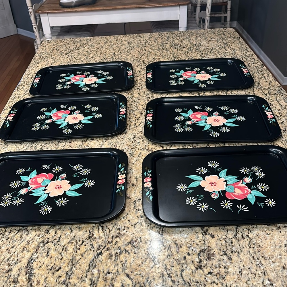 6 Vintage Black Floral Metal Lap TV Serving Trays Available 11x14